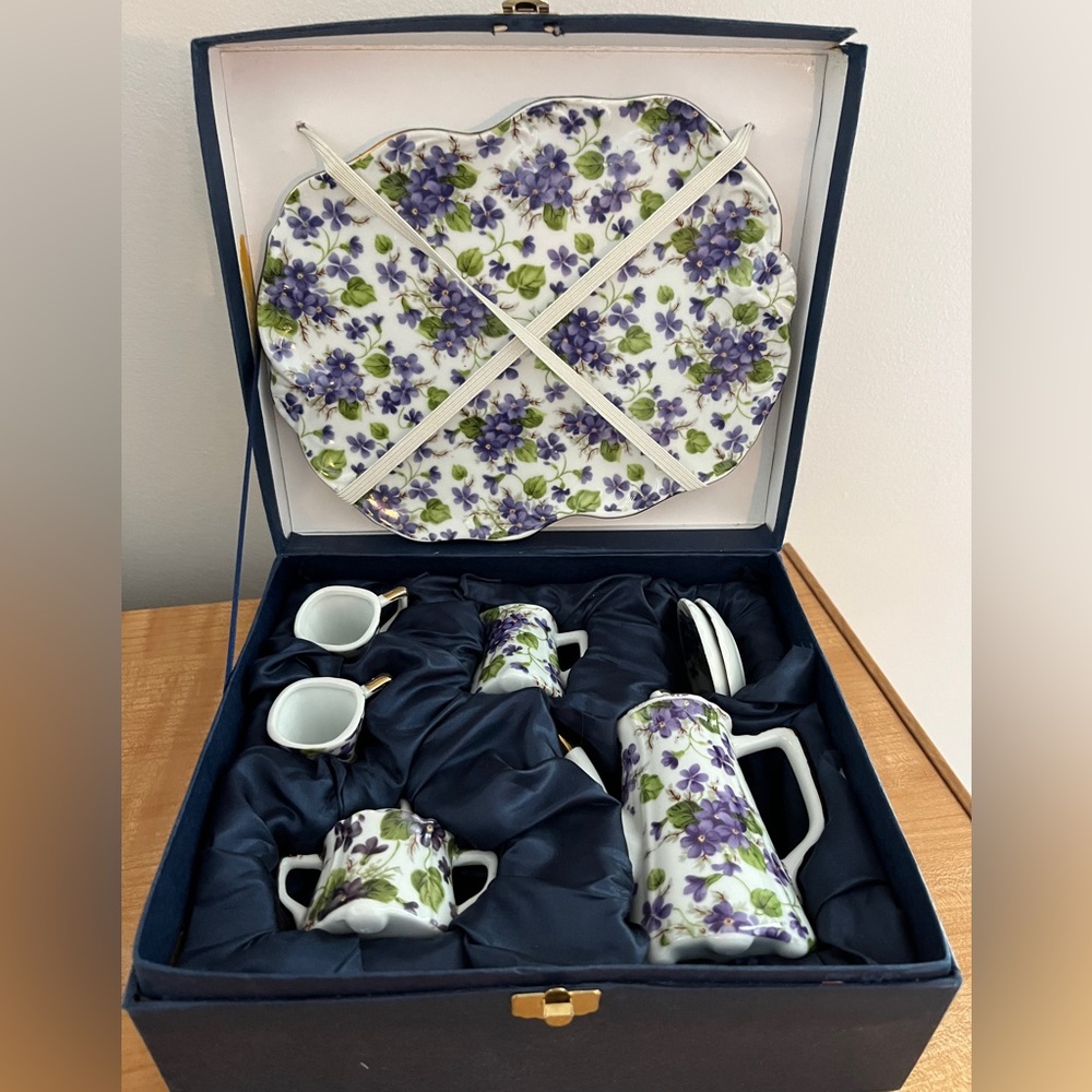 Mini Tea Set of 10 — White & Purple Porcelain Miniatures